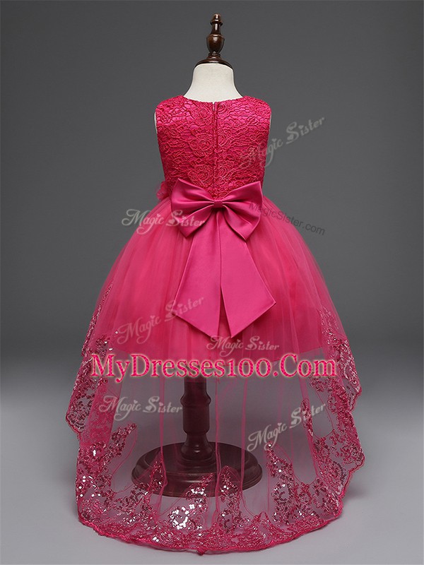 Dynamic Lavender Ball Gowns Tulle V-neck Sleeveless Lace and Bowknot High Low Zipper Toddler Flower Girl Dress