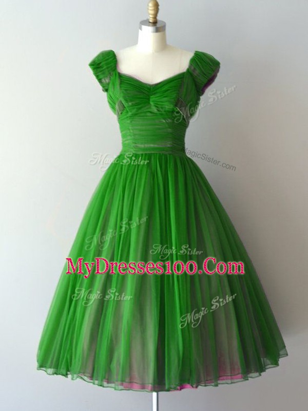 Knee Length Green Bridesmaid Gown Chiffon Cap Sleeves Ruching