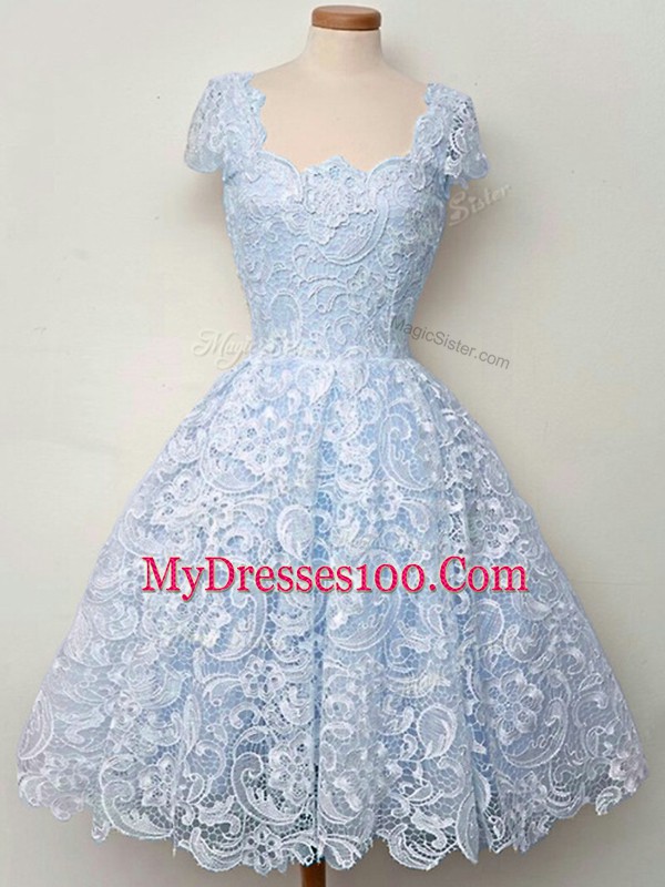 Lace Wedding Guest Dresses Light Blue Lace Up Cap Sleeves Knee Length