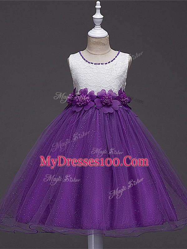 Enchanting Tulle Scoop Sleeveless Zipper Lace and Hand Made Flower Little Girl Pageant Dress in Purple