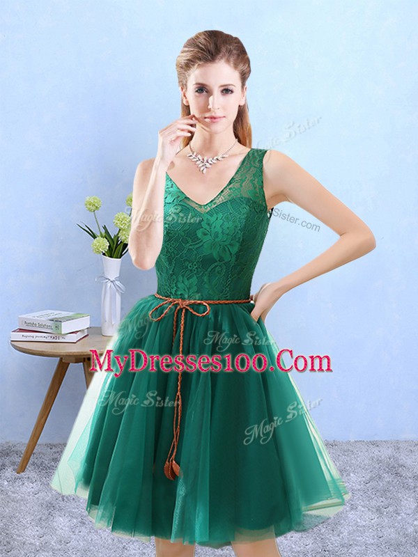 Fabulous V-neck Sleeveless Backless Quinceanera Court of Honor Dress Green Tulle