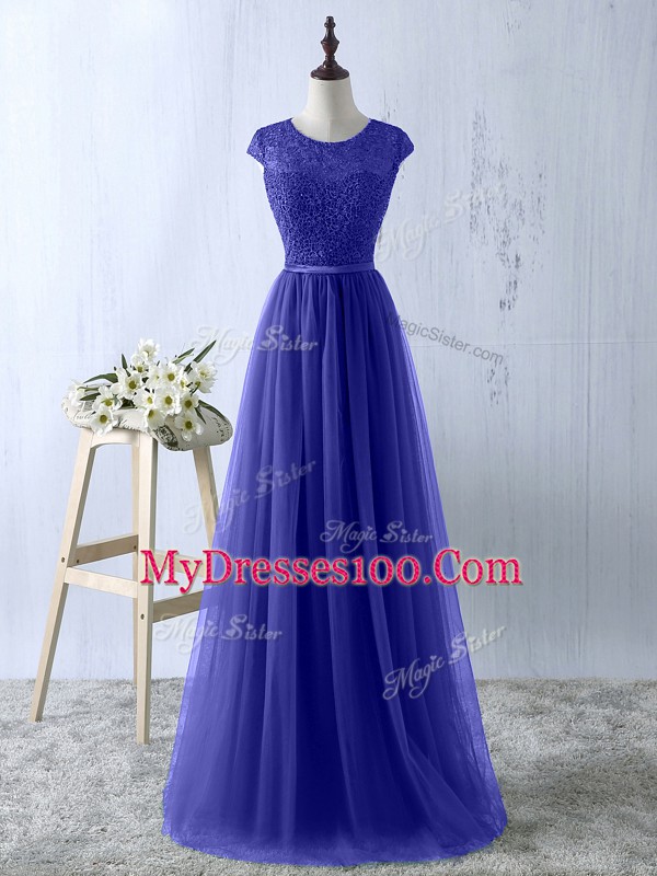 Best Selling Short Sleeves Tulle Floor Length Zipper in Blue with Lace