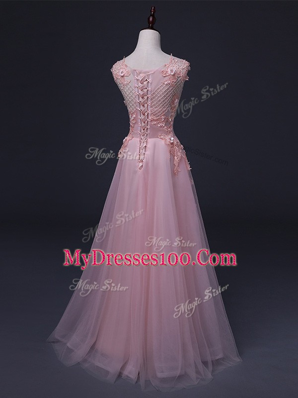 Baby Pink Lace Up Straps Appliques Prom Gown Tulle Sleeveless