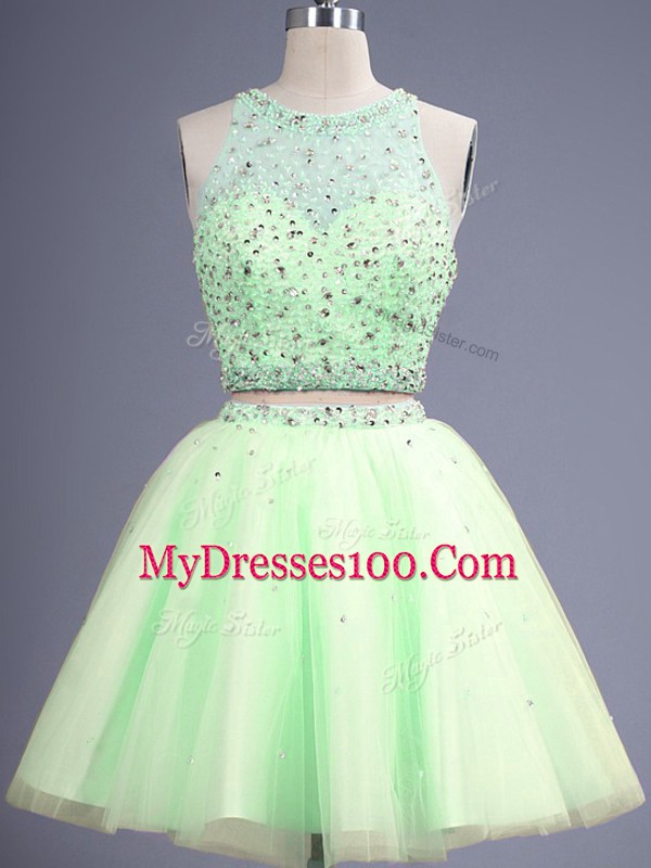 Great Knee Length Two Pieces Sleeveless Yellow Green Quinceanera Court Dresses Lace Up