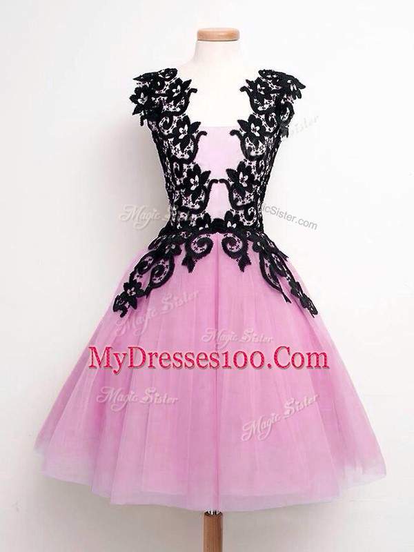 Fancy Knee Length Lilac Bridesmaid Dress Tulle Sleeveless Lace