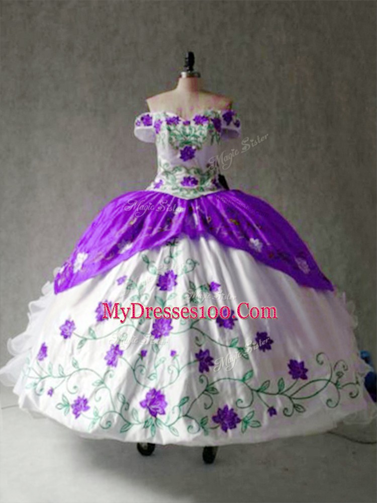 Excellent Floor Length White And Purple 15 Quinceanera Dress Organza and Taffeta Cap Sleeves Embroidery and Ruffles