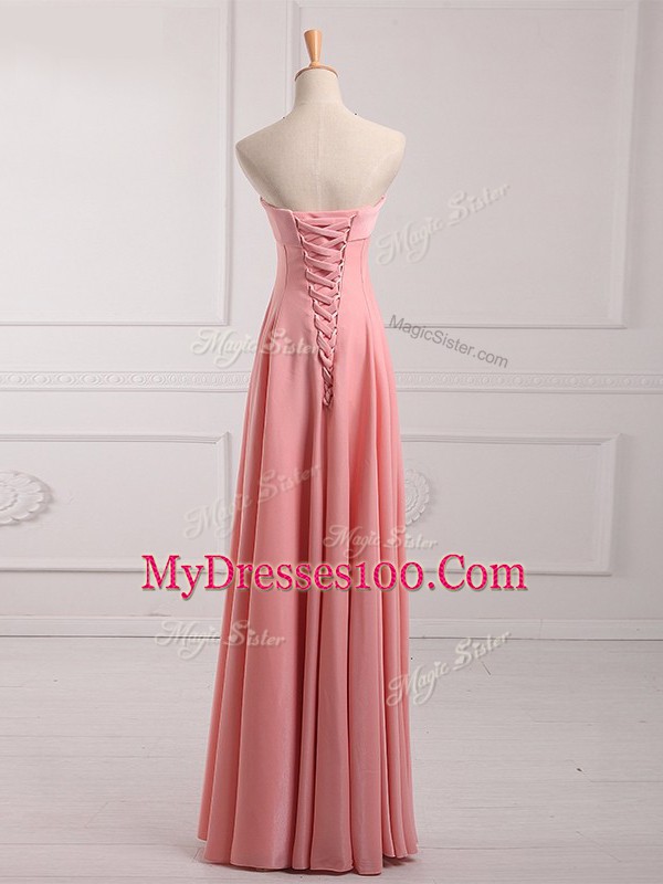 Strapless Sleeveless Bridesmaids Dress Floor Length Ruching Watermelon Red Chiffon
