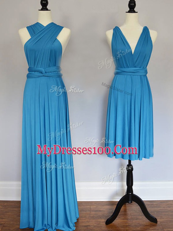 Stylish Baby Blue Empire Halter Top Sleeveless Chiffon Floor Length Lace Up Ruching Wedding Party Dress