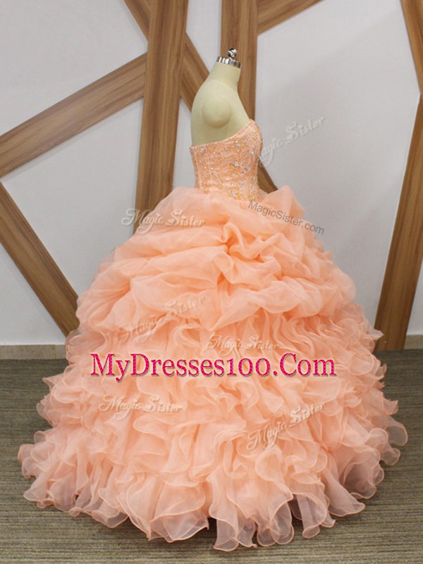 Enchanting Sweetheart Sleeveless Sweep Train Lace Up Quinceanera Gowns Peach Organza