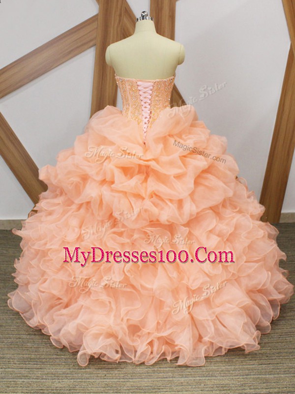 Enchanting Sweetheart Sleeveless Sweep Train Lace Up Quinceanera Gowns Peach Organza