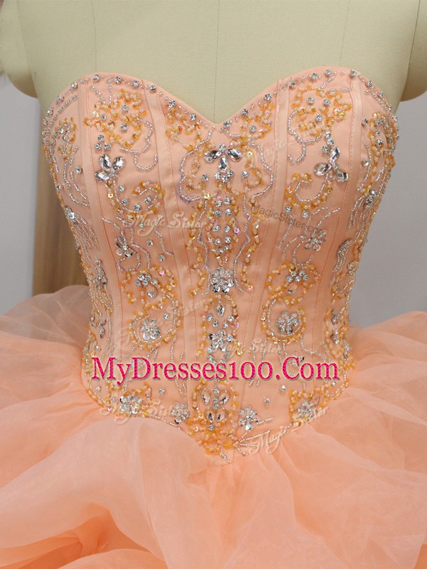 Enchanting Sweetheart Sleeveless Sweep Train Lace Up Quinceanera Gowns Peach Organza
