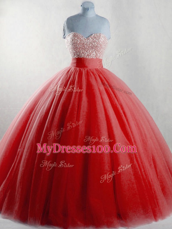 Super Sleeveless Tulle Floor Length Lace Up Quinceanera Gown in Red with Beading