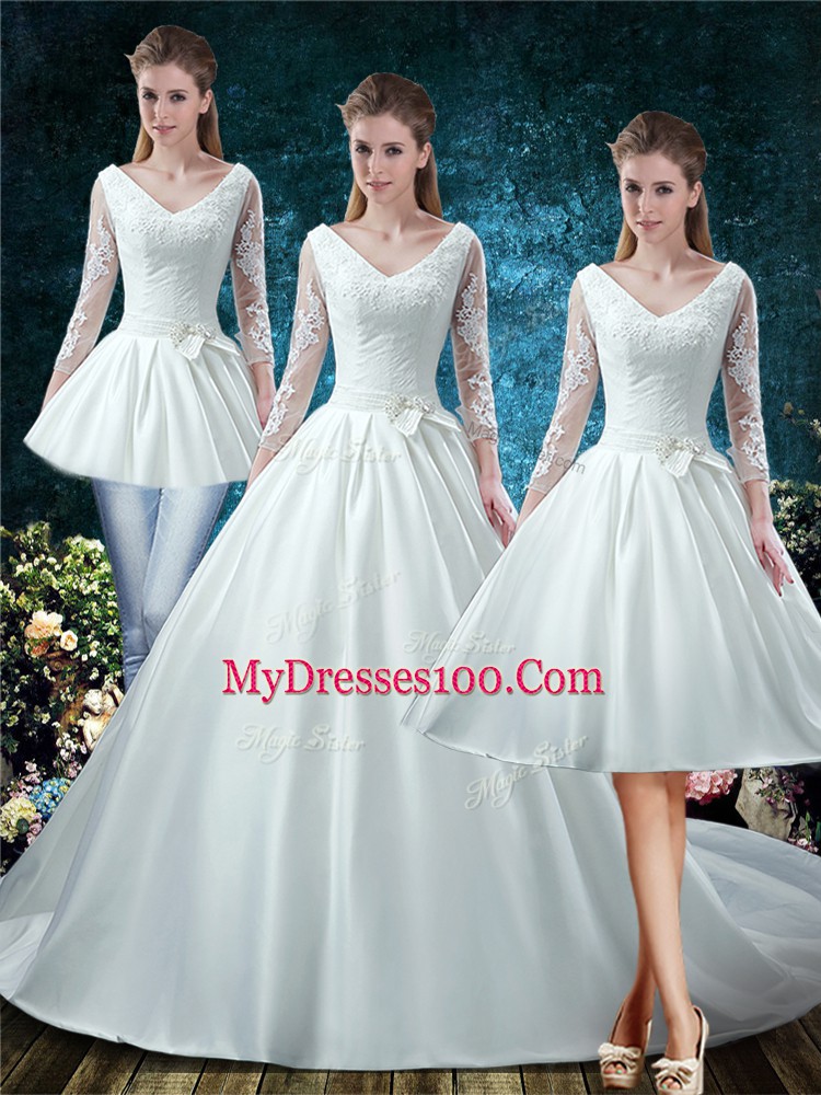 Spectacular White Satin Lace Up V-neck 3 4 Length Sleeve Wedding Gowns Court Train Lace and Belt