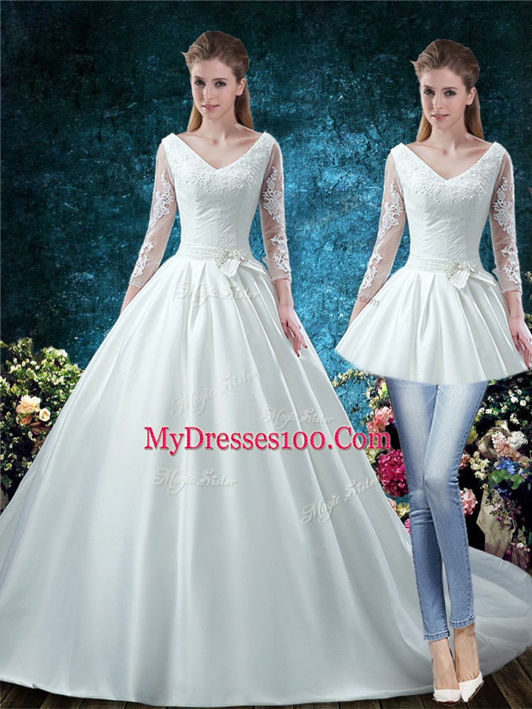 Spectacular White Satin Lace Up V-neck 3 4 Length Sleeve Wedding Gowns Court Train Lace and Belt