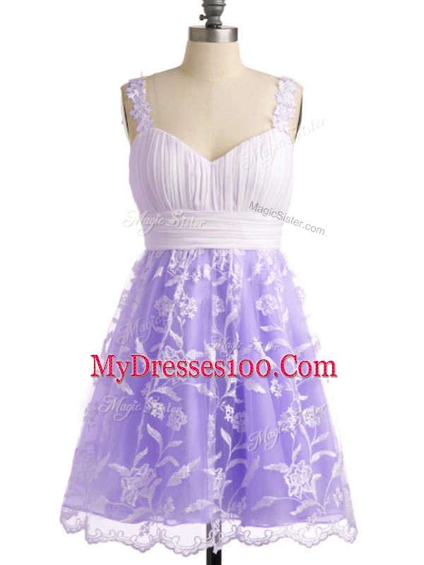 Dramatic Sleeveless Lace Up Knee Length Lace Bridesmaids Dress