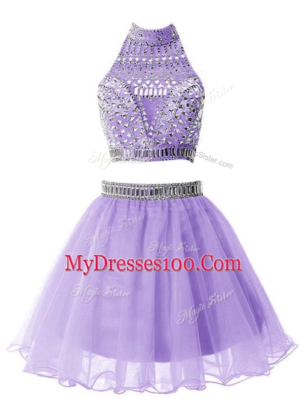 Trendy High-neck Sleeveless Zipper Quinceanera Court of Honor Dress Lilac Organza