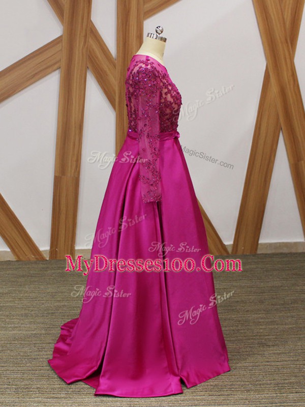 Fuchsia Empire Beading and Appliques and Belt Mother Of The Bride Dress Zipper Elastic Woven Satin Long Sleeves Floor Length