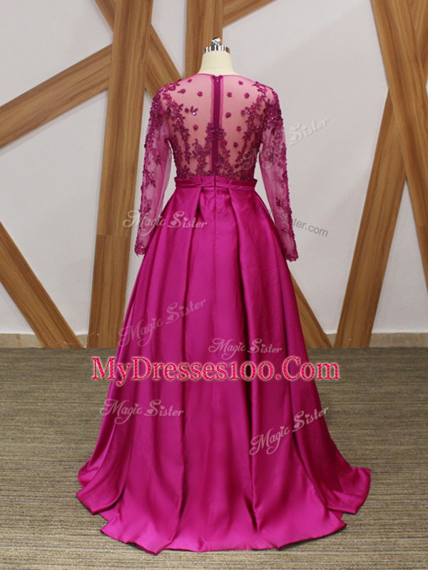 Fuchsia Empire Beading and Appliques and Belt Mother Of The Bride Dress Zipper Elastic Woven Satin Long Sleeves Floor Length