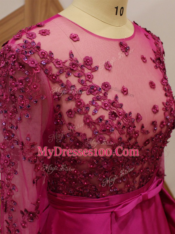 Fuchsia Empire Beading and Appliques and Belt Mother Of The Bride Dress Zipper Elastic Woven Satin Long Sleeves Floor Length
