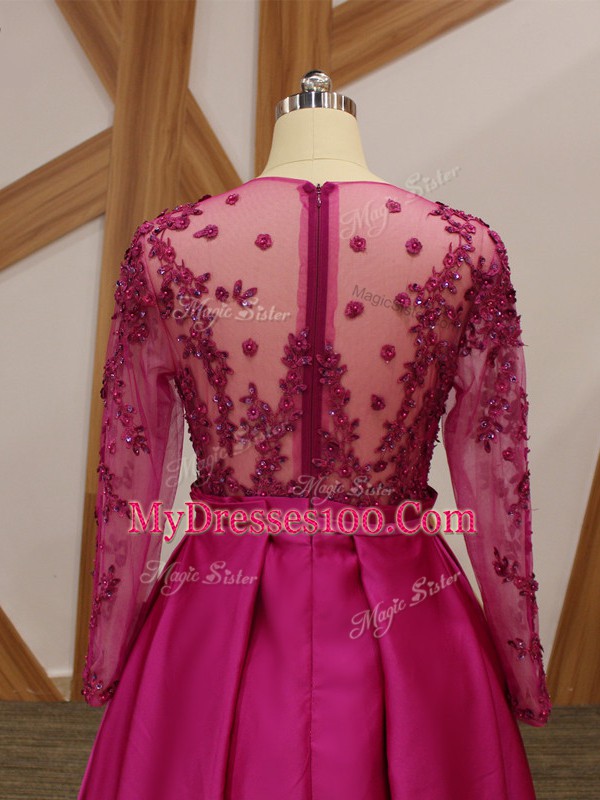 Fuchsia Empire Beading and Appliques and Belt Mother Of The Bride Dress Zipper Elastic Woven Satin Long Sleeves Floor Length