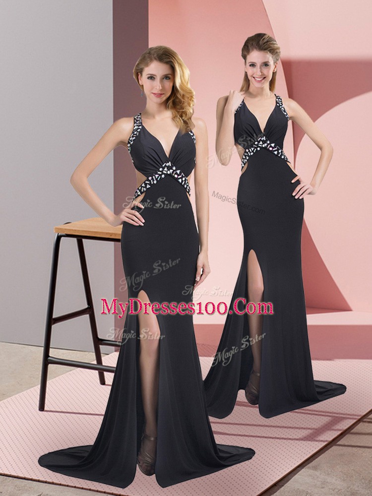 Cheap Criss Cross Evening Dress Black for Prom and Military Ball with Beading Brush Train