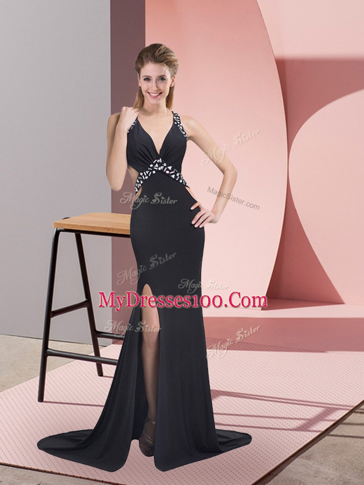 Cheap Criss Cross Evening Dress Black for Prom and Military Ball with Beading Brush Train
