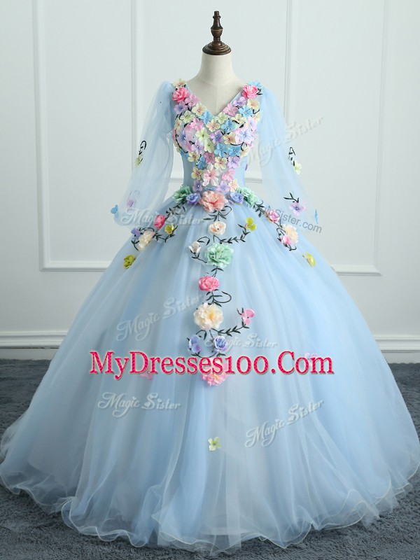 Light Blue V-neck Neckline Appliques and Hand Made Flower Quinceanera Dress Long Sleeves Lace Up