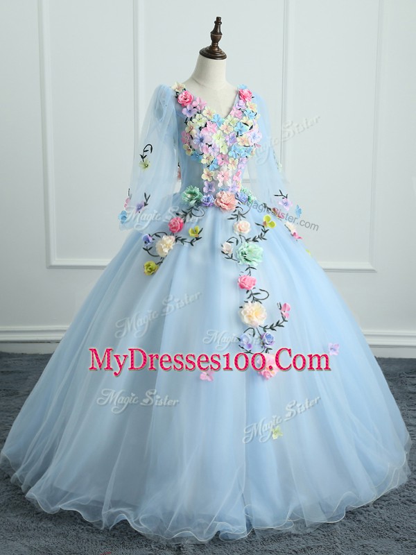 Light Blue V-neck Neckline Appliques and Hand Made Flower Quinceanera Dress Long Sleeves Lace Up