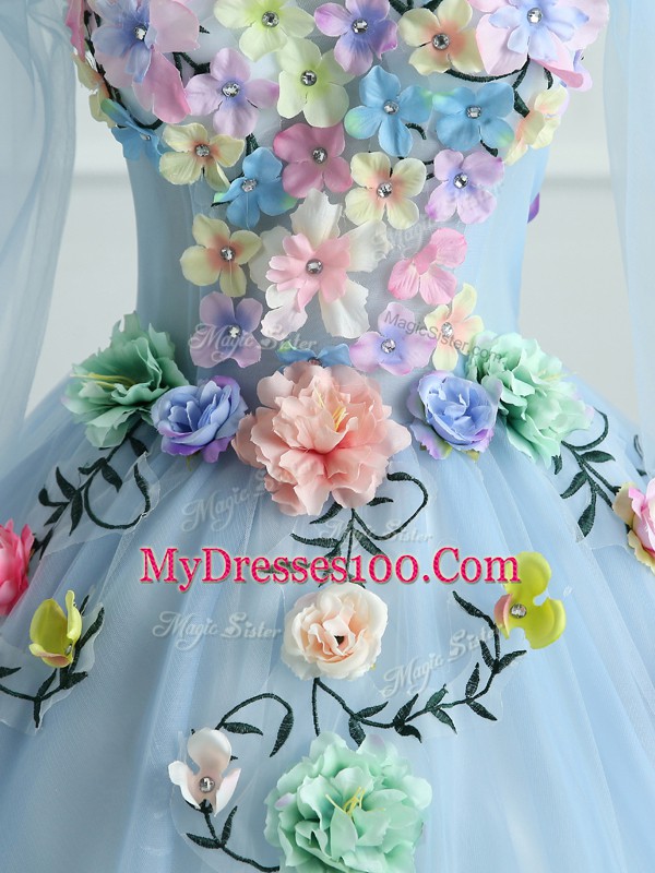 Light Blue V-neck Neckline Appliques and Hand Made Flower Quinceanera Dress Long Sleeves Lace Up