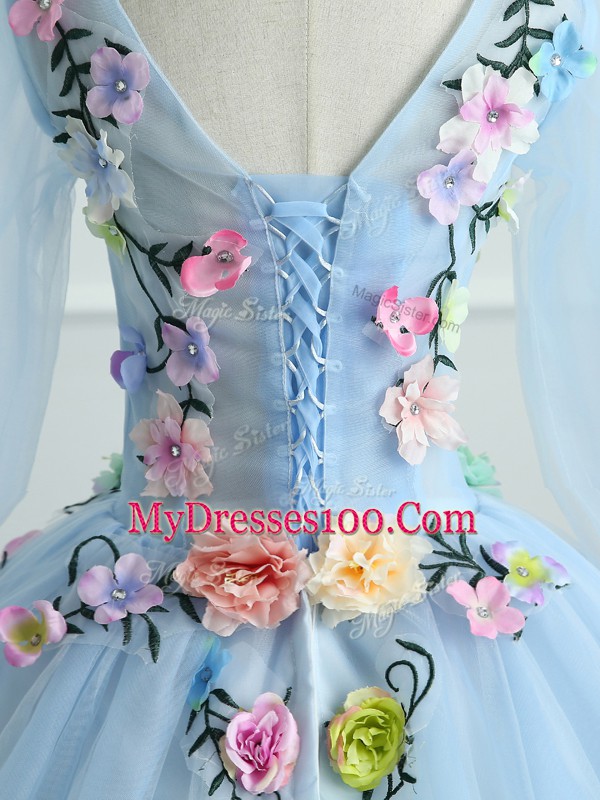Light Blue V-neck Neckline Appliques and Hand Made Flower Quinceanera Dress Long Sleeves Lace Up