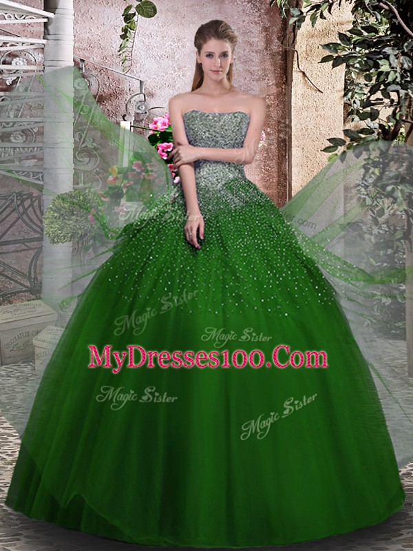 Green Tulle Lace Up Strapless Sleeveless Floor Length Quinceanera Gown Beading