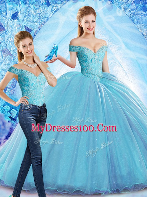 Colorful Baby Blue Sleeveless Organza Sweep Train Lace Up Quinceanera Gown for Military Ball and Sweet 16 and Quinceanera