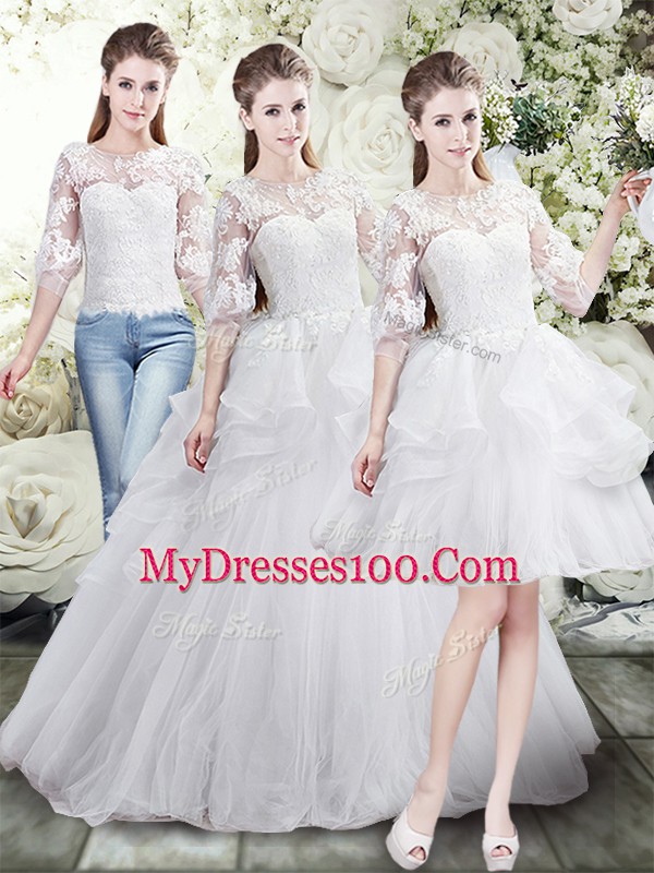 Exquisite Brush Train Three Pieces Bridal Gown White Scoop Tulle Half Sleeves Lace Up