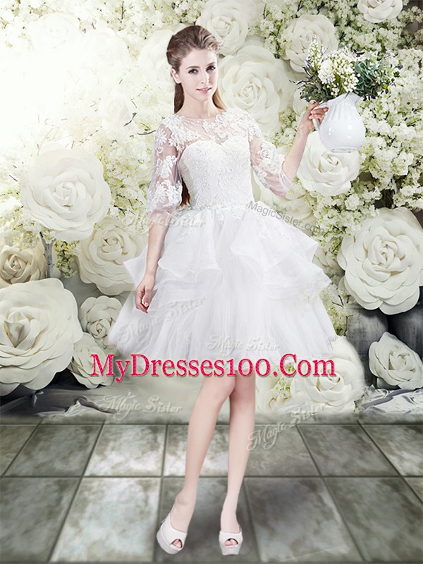 Exquisite Brush Train Three Pieces Bridal Gown White Scoop Tulle Half Sleeves Lace Up