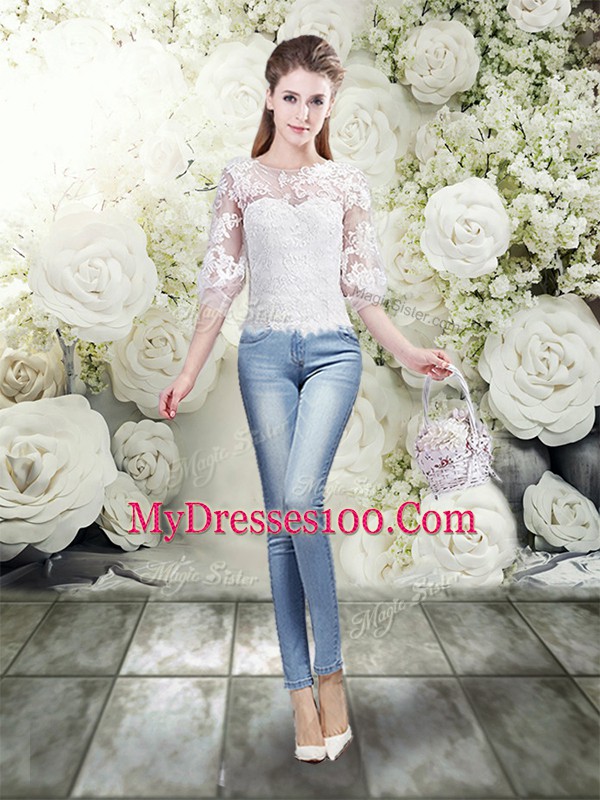 Exquisite Brush Train Three Pieces Bridal Gown White Scoop Tulle Half Sleeves Lace Up