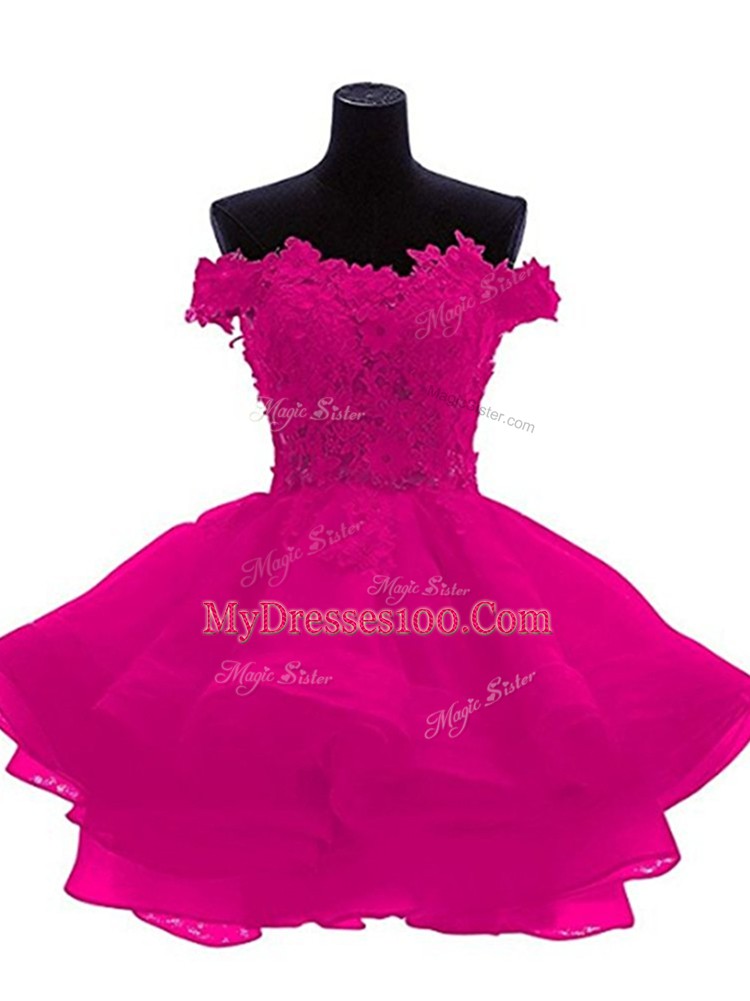 Fuchsia Organza Zipper Sweetheart Sleeveless Mini Length Prom Party Dress Beading and Lace and Appliques and Ruffles