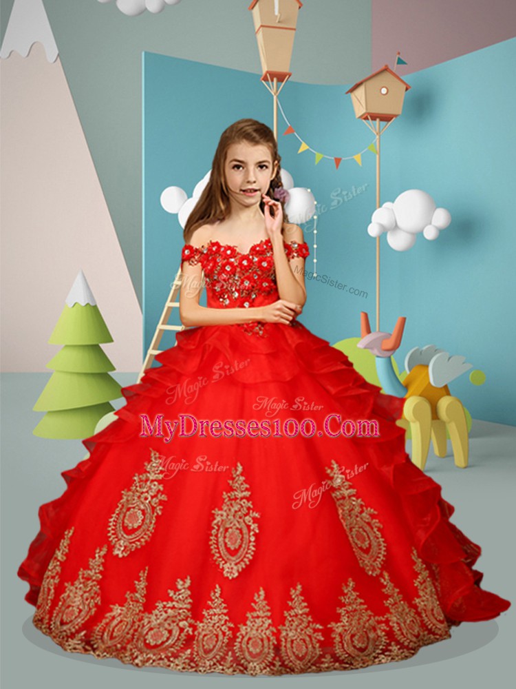 Red Ball Gowns Appliques and Embroidery Kids Formal Wear Lace Up Tulle Sleeveless Floor Length