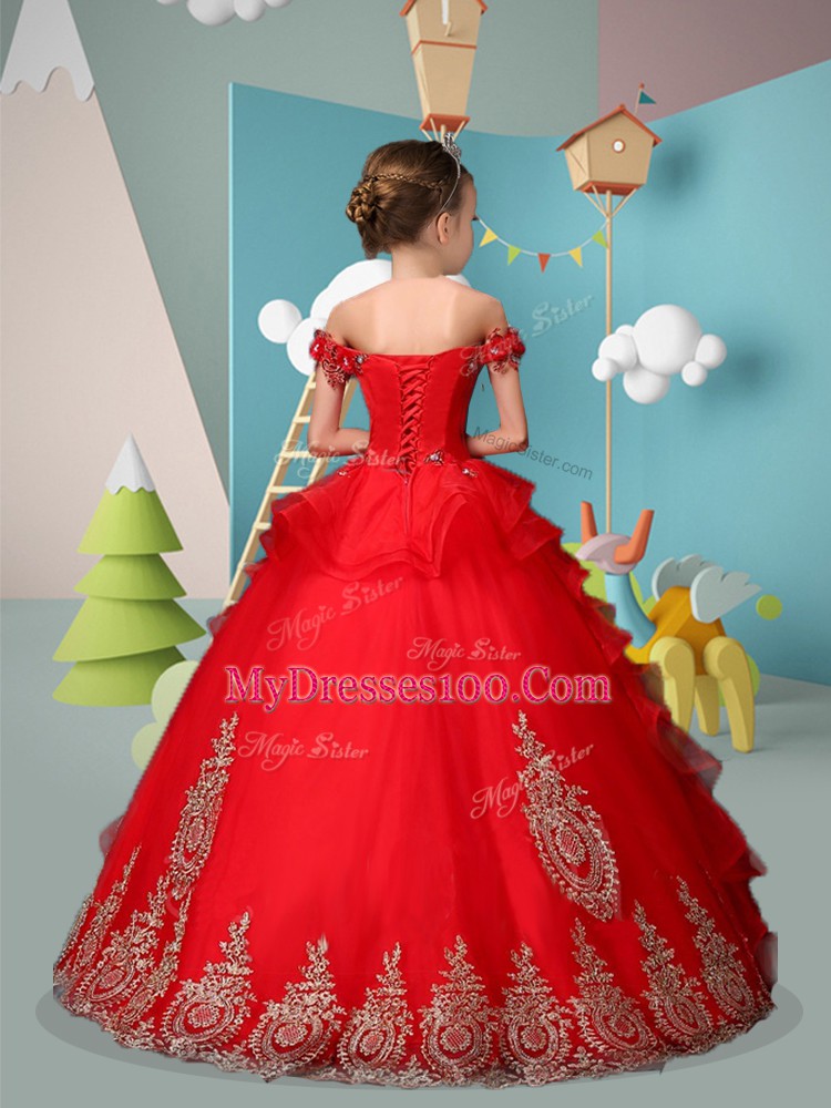 Red Ball Gowns Appliques and Embroidery Kids Formal Wear Lace Up Tulle Sleeveless Floor Length