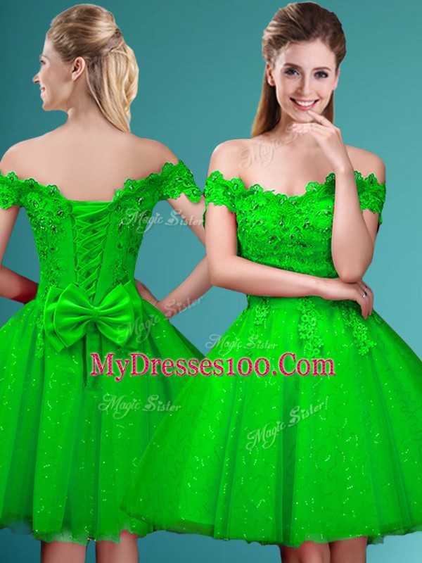 Off The Shoulder Neckline Lace and Belt Bridesmaid Dresses Cap Sleeves Lace Up