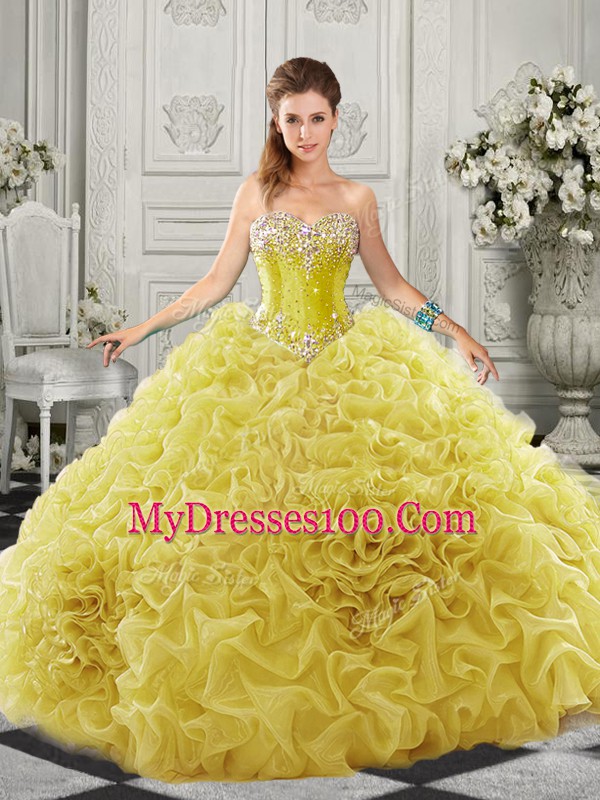 Beauteous Yellow Organza Lace Up 15th Birthday Dress Sleeveless Court Train Beading and Ruffles