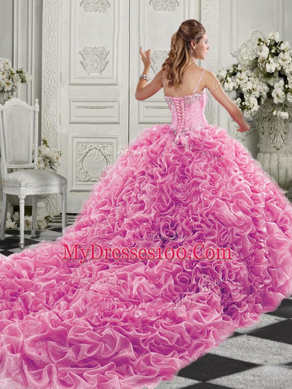 Beauteous Yellow Organza Lace Up 15th Birthday Dress Sleeveless Court Train Beading and Ruffles