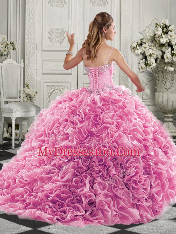 Beauteous Yellow Organza Lace Up 15th Birthday Dress Sleeveless Court Train Beading and Ruffles