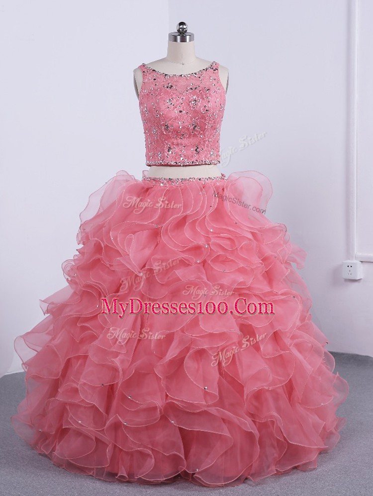 Exquisite Floor Length Watermelon Red Ball Gown Prom Dress Organza Sleeveless Beading and Ruffles
