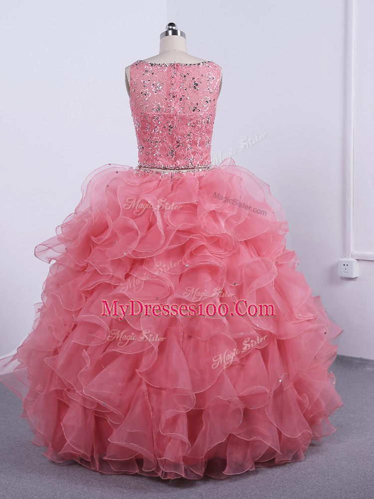 Exquisite Floor Length Watermelon Red Ball Gown Prom Dress Organza Sleeveless Beading and Ruffles