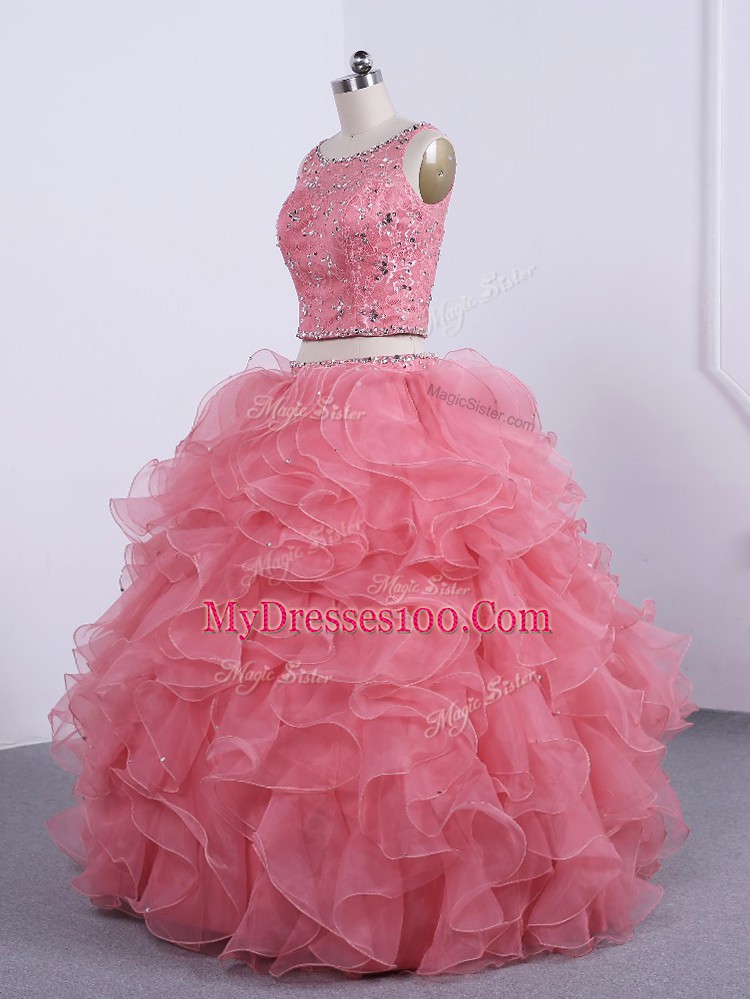 Exquisite Floor Length Watermelon Red Ball Gown Prom Dress Organza Sleeveless Beading and Ruffles