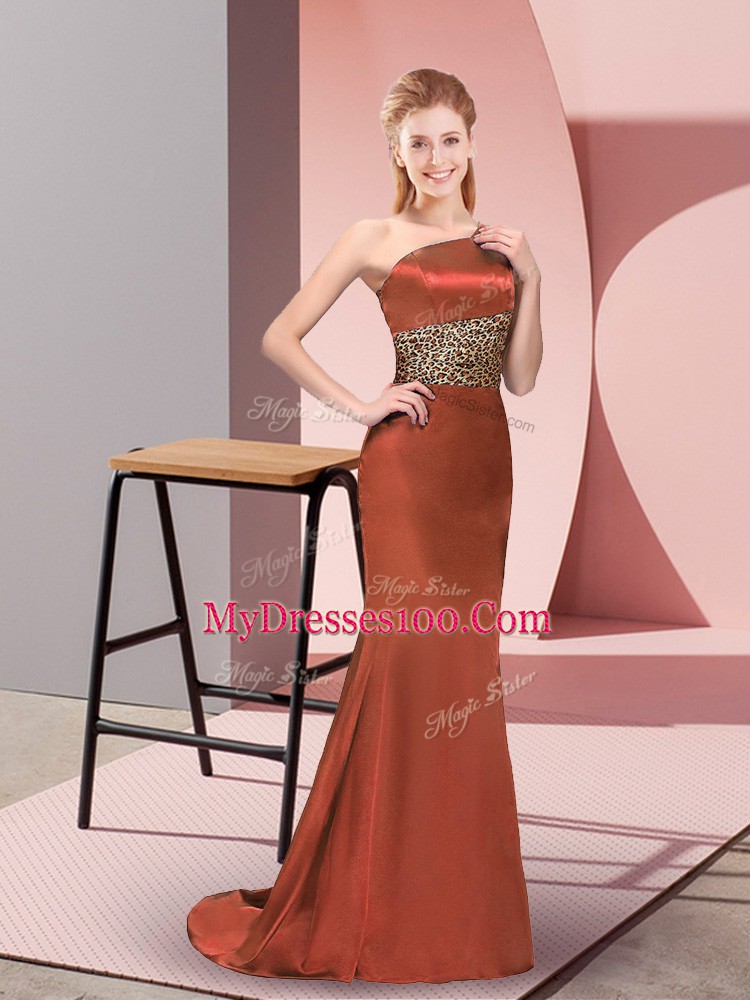 Rust Red Column/Sheath One Shoulder Sleeveless Elastic Woven Satin Floor Length Side Zipper Pattern Custom Made