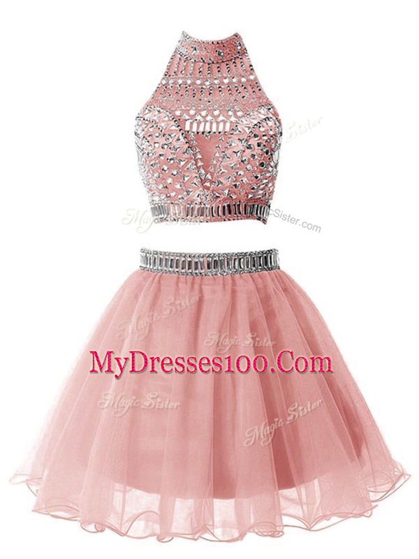 Noble Pink Sleeveless Knee Length Beading Zipper Bridesmaids Dress