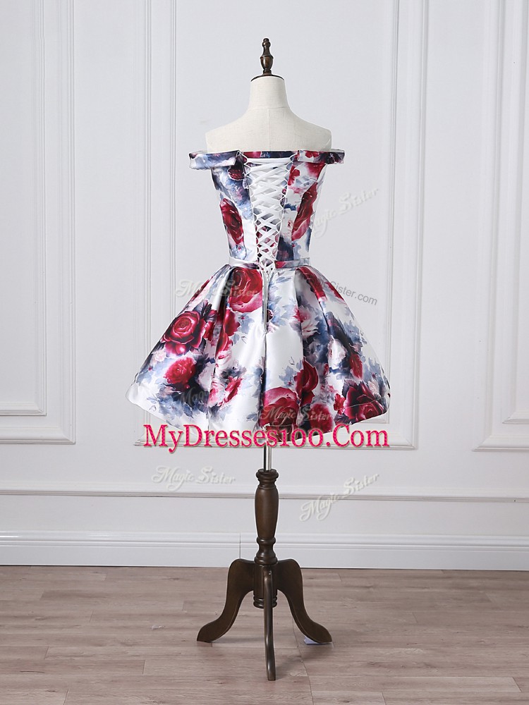 Unique Mini Length Multi-color Prom Gown Off The Shoulder Sleeveless Lace Up