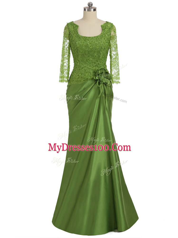 Long Sleeves Floor Length Lace and Appliques and Hand Made Flower Zipper Mother Of The Bride Dress with Olive Green