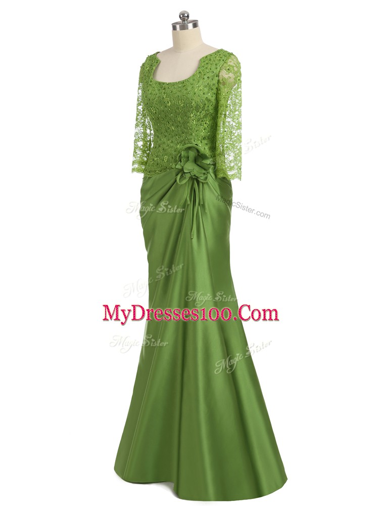 Long Sleeves Floor Length Lace and Appliques and Hand Made Flower Zipper Mother Of The Bride Dress with Olive Green